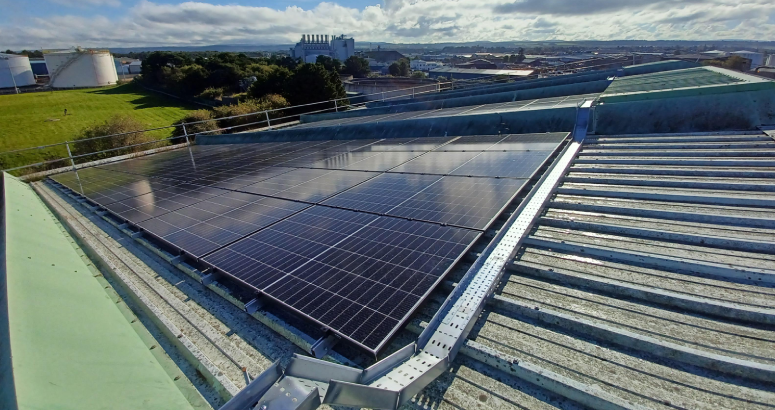 View of some of the roof mounted solar panels at Longman Drive waste water pumping station in Inverness