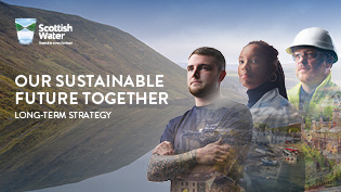Front cover with Our Sustainable Future Together: Long Term Strategy text, Scottish Water logo and three Scottish Water employees against a faded mountain and reservoir backdrop