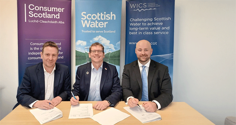 left to right Sam Ghibaldan, Chief Executive of Consumer Scotland, Alex Plant, CEO of Scottish Water and David Satti, Interim CEOfor WICS signing memorandum of understanding for water charges